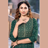 Bottle Green U- Neck Yoke Pattern Long  Reyon Kurti with Allover Golden Prints